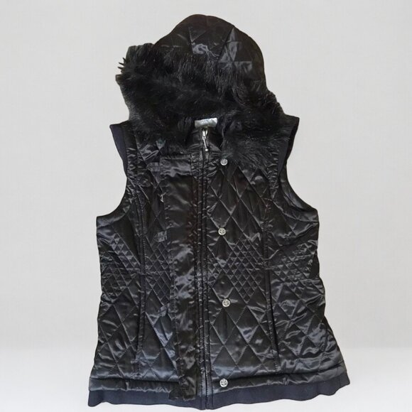 HARLEY DAVIDSON (MED) Quilted Black Satin Vest with Removeable Fur Lined Hood - Picture 3 of 13